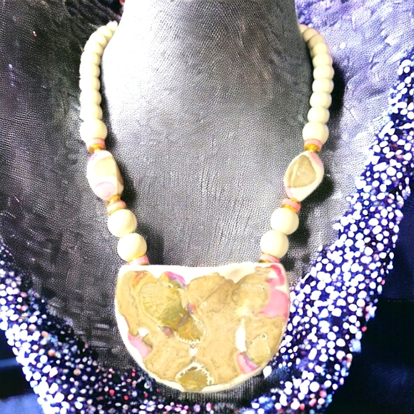 Vintage Ceramic painted necklace Japan - Picture 6 of 9